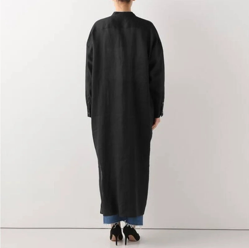 

Fashion Summer/spring Women Dress Retro Solid Color Women's Long-sleeved Cotton and Linen Robe Shirt Dress Donsignet