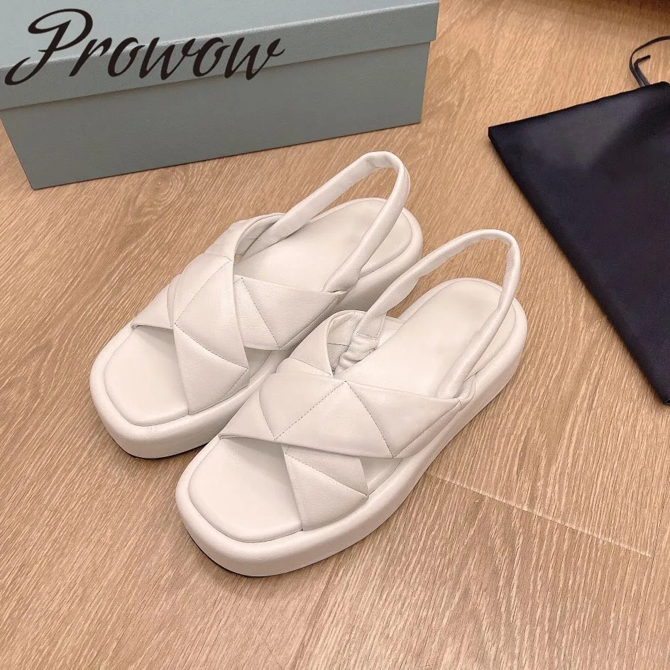 

Prowow New Runway Genuine Leather Black White Luxury Brand Sandals Soft Cross Band Flats Sandals Shoes Women Zapatos Mujer