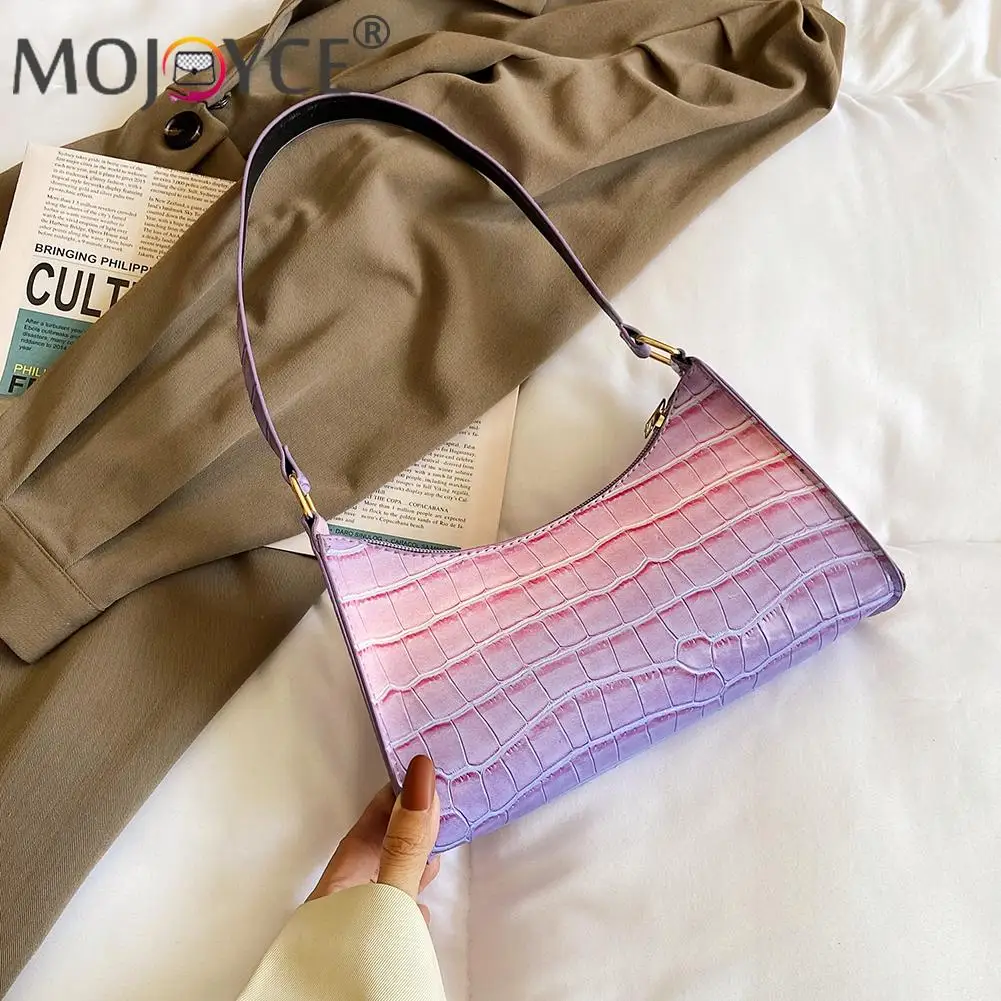

Portable PU Leather Gradient Color Small Handbags Retro Women Alligator Pattern Underarm Hobos Bag Fashion Travel Zipper Purse