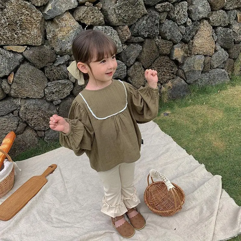 

Блузки для девочек, хлопковые однотонные, с длинными рукавами-фонариками, в Корейском стиле, весна 2021