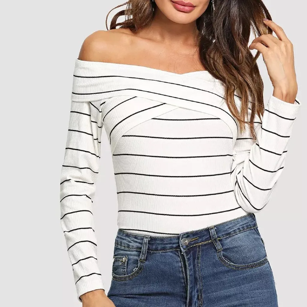 Модное платье в полоску с открытыми плечами блуза Повседневное зимняя женская