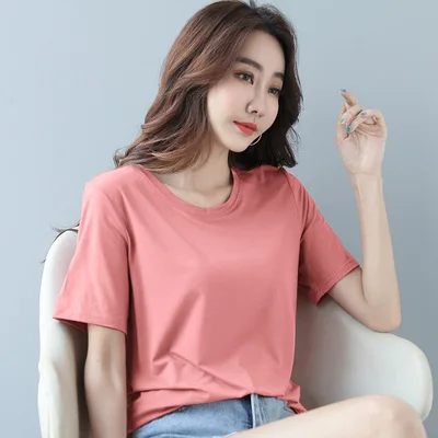 

2021 NEW FASHION T-SHIRT Round neck short-sleeved women's slim-fit solid color pure cotton