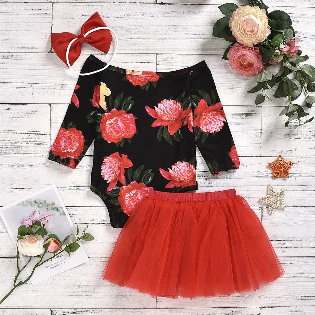 Baby Clothing Toddler Newborn Infant Long Sleeve Floral Printed Romper+Tutu Skirt+Headbands Summer Casual Outfit Set C140# |