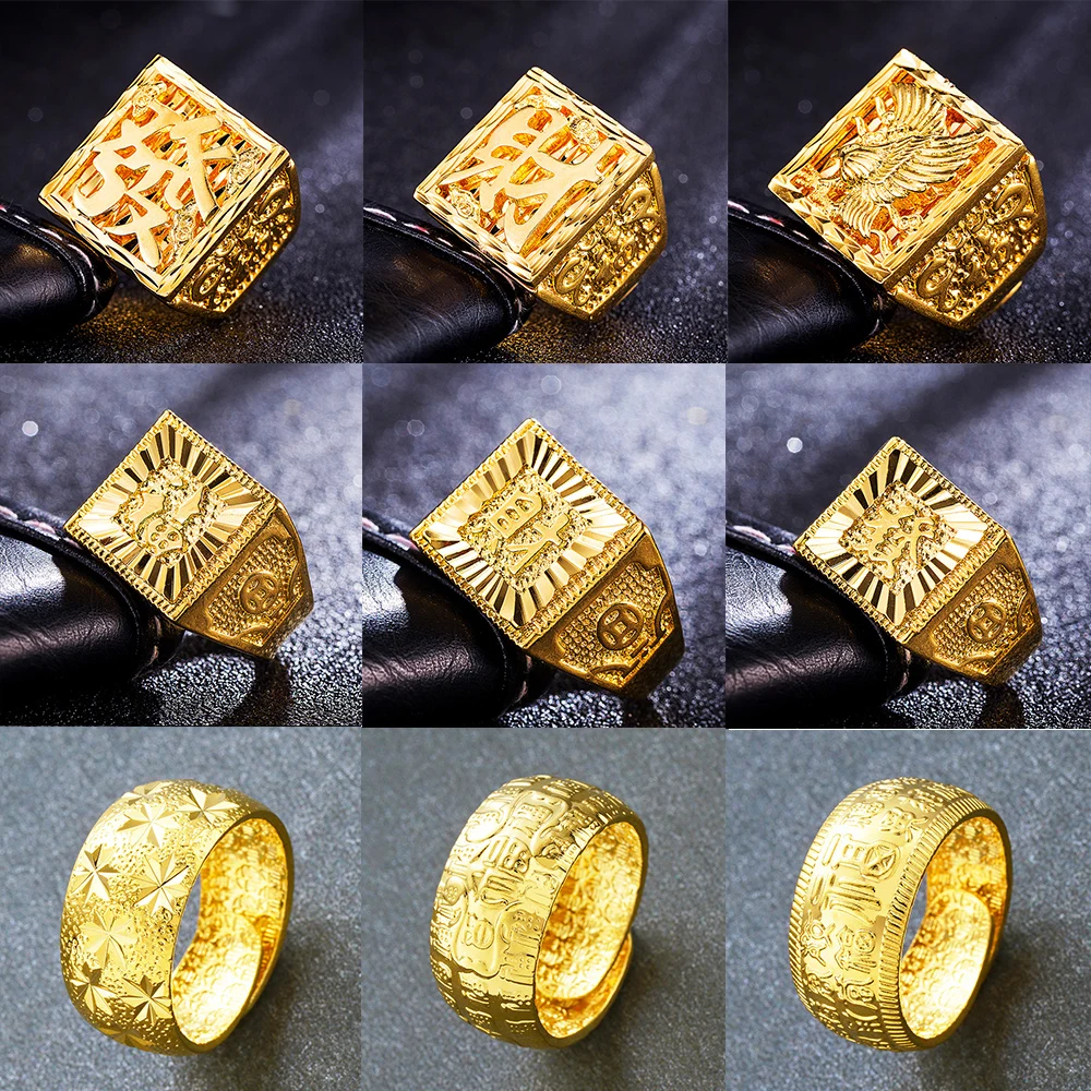 

Square Solid Men's Rings 24K Gold Color Pure Golden Women Girls 2021 New Fashion Punk Rhinestone Couple Ring Wedding Jewelry