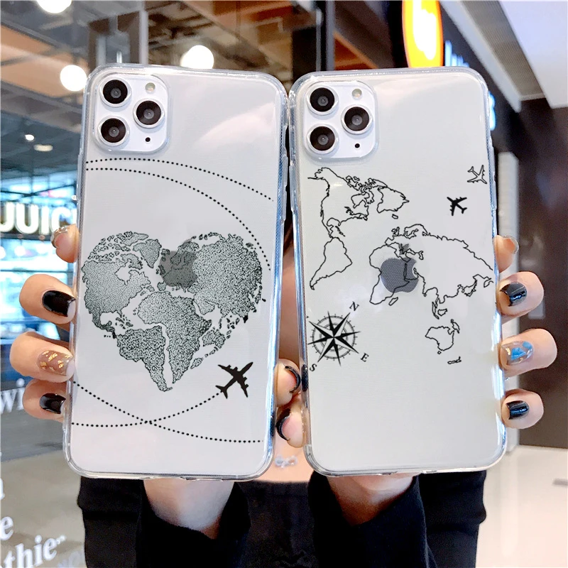

World Map Compass Flight Adventure Phone Case for iPhone 12 11 Pro X XS XR Max 7 8 Plus 8Plus 6S se2 transparent Soft Silicone