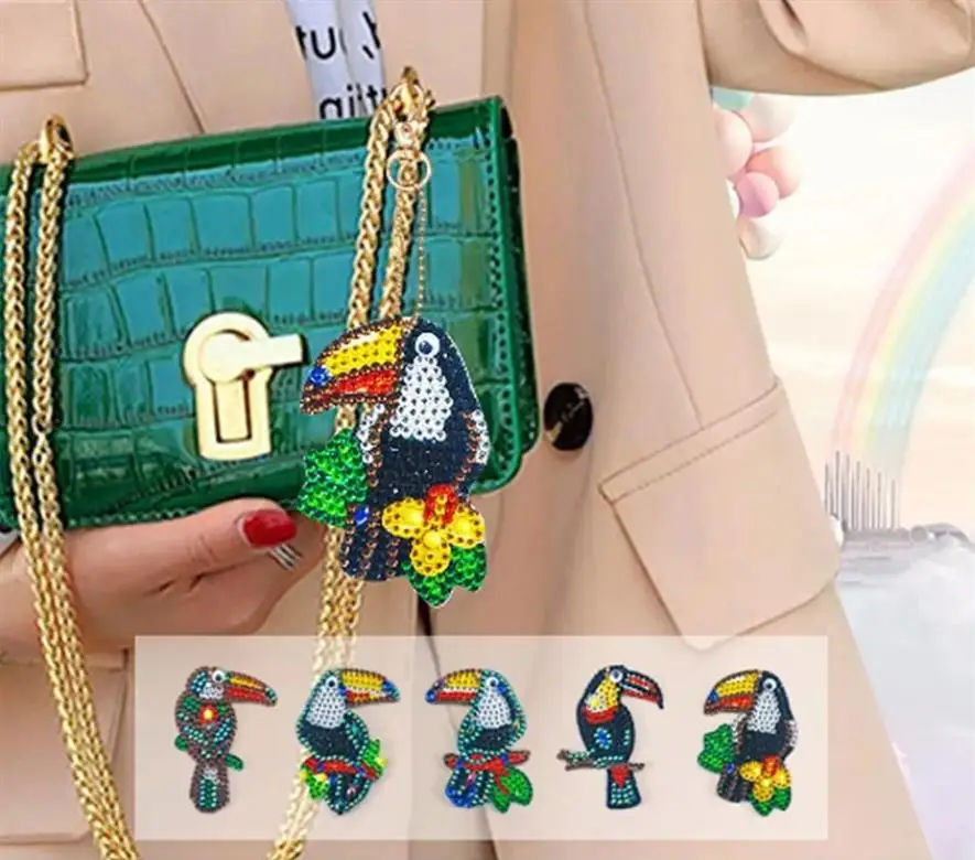 

diy diamond painting kit bag ornaments cartoon colorful parrot acrylic keychain