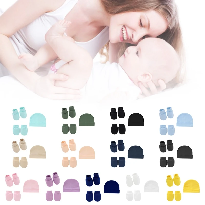

K3NE Baby Anti Scratching Soft Cotton Gloves+Hat+Foot Cover Set Newborn Mittens Socks Beanies Cap Kit for Infants Shower Gifts