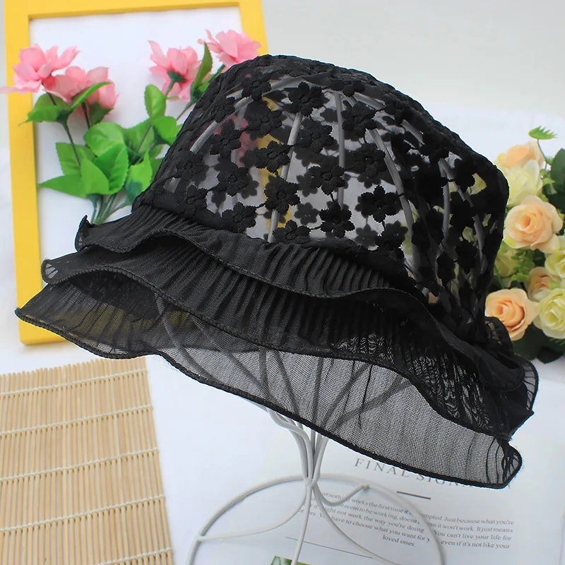 Women Flower Hollow Embroidery Lace Bucket Hat Female Summer Mesh Sun Fisherman Hat Visor