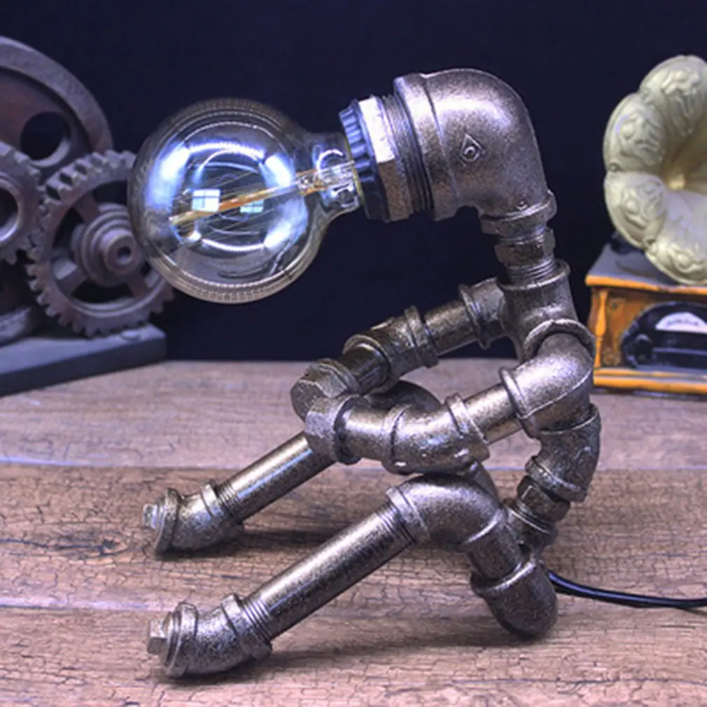 

Hot High Quality Vintage Table Lamp Retro Industrial Iron Water Pipes Sitting Robot Table Lamp Steampunk Desktop Light