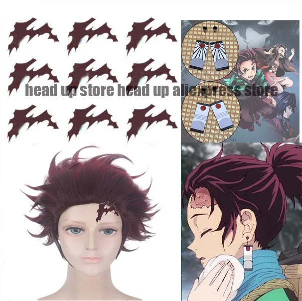 Аниме! Demon Slayer Kimetsu no Yaiba Kamado Tanjirou косплей парик тату серьги Бесплатная