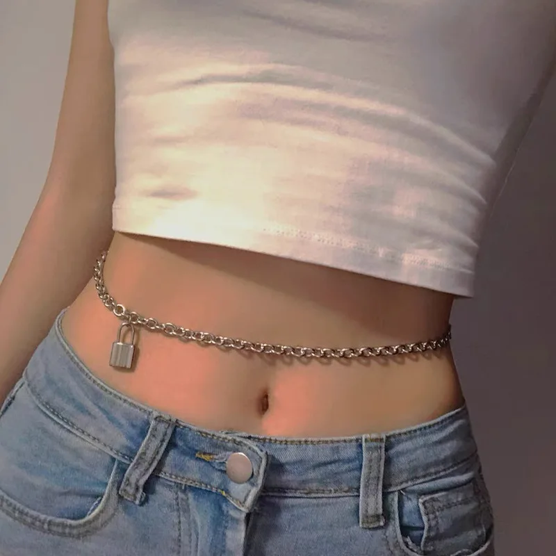 

Women Thin Chain Belt Fashion Female Lock Pendant Metal Silver Waist Chains Ladies Body Chain Slim Waistband Dress Accessories