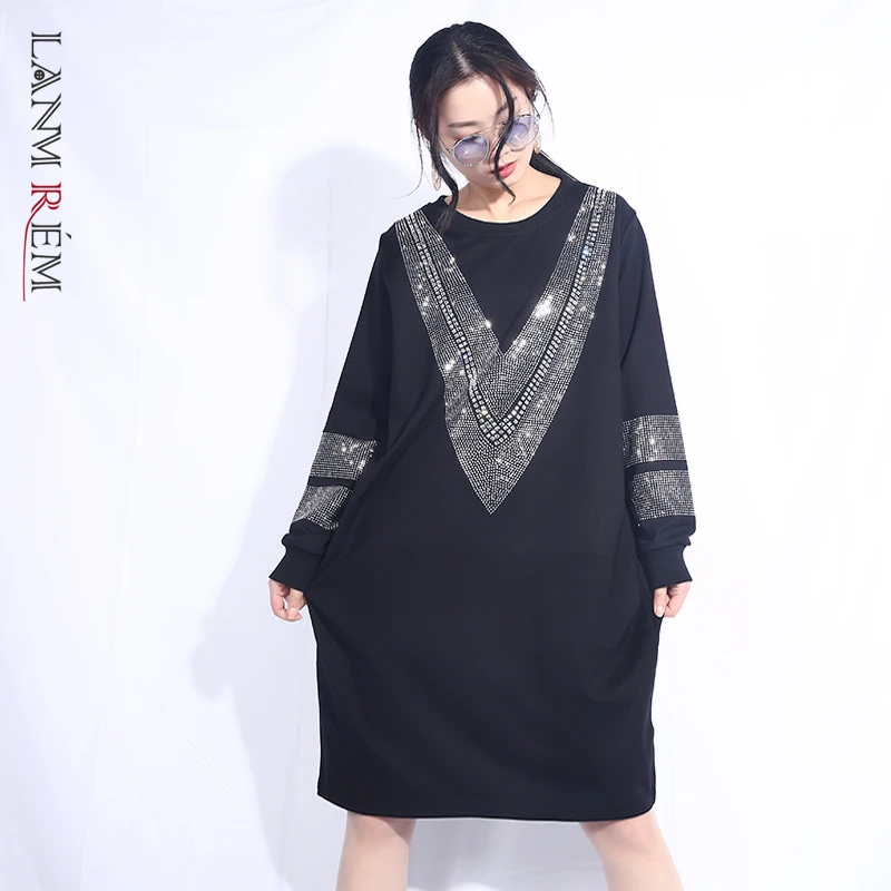 LANMREM 2021 High Quality Rhinestone Patchwork Round Collar Large Size Black Dresses For Women Long Sleeve Loose Clothing JC332 | Женская