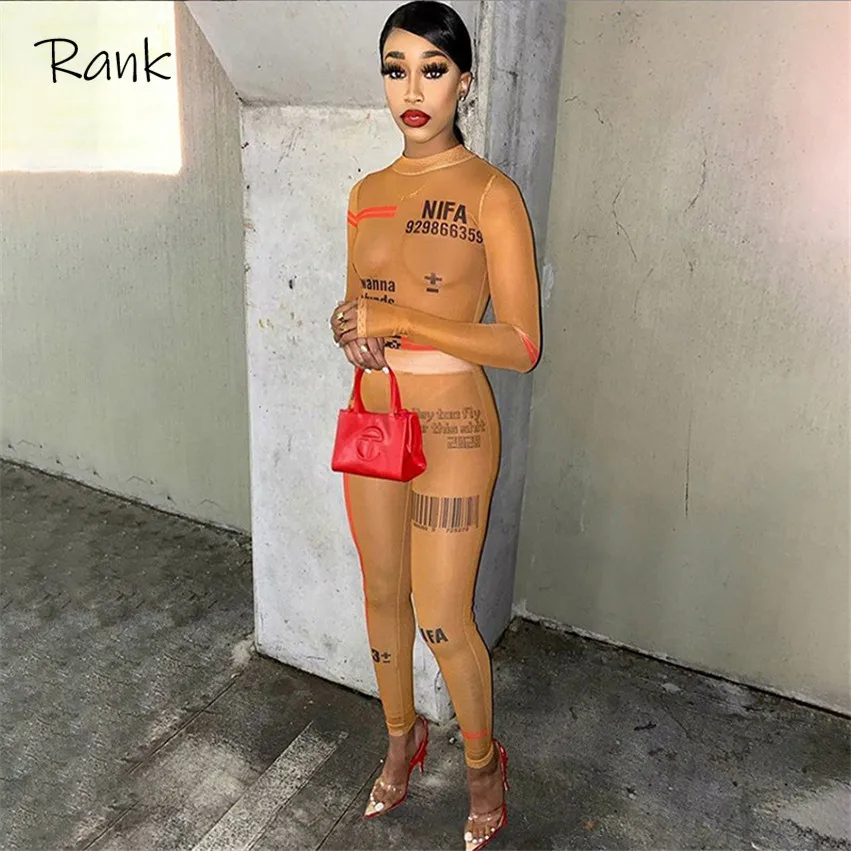 

Letter Print Mesh See Through Two Piece Sets Women 2020 Turtleneck Sexy Bodysuit and Pants Bodycon Streetwear Outfits Elegant