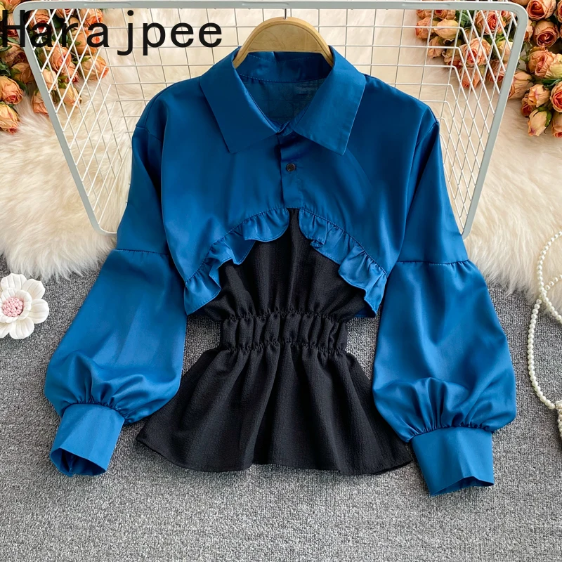 

Женская рубашка Harajpee в Корейском стиле с отложным воротником, новинка, блузка контрастных цветов в стиле пэчворк из двух частей, весна-осень