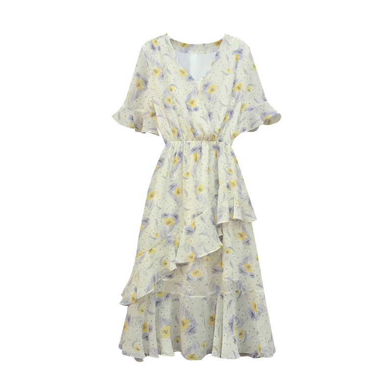 

size women's dress 2021 summer new fat sister Floral Chiffon Dress waist down show thin temperament cake girl