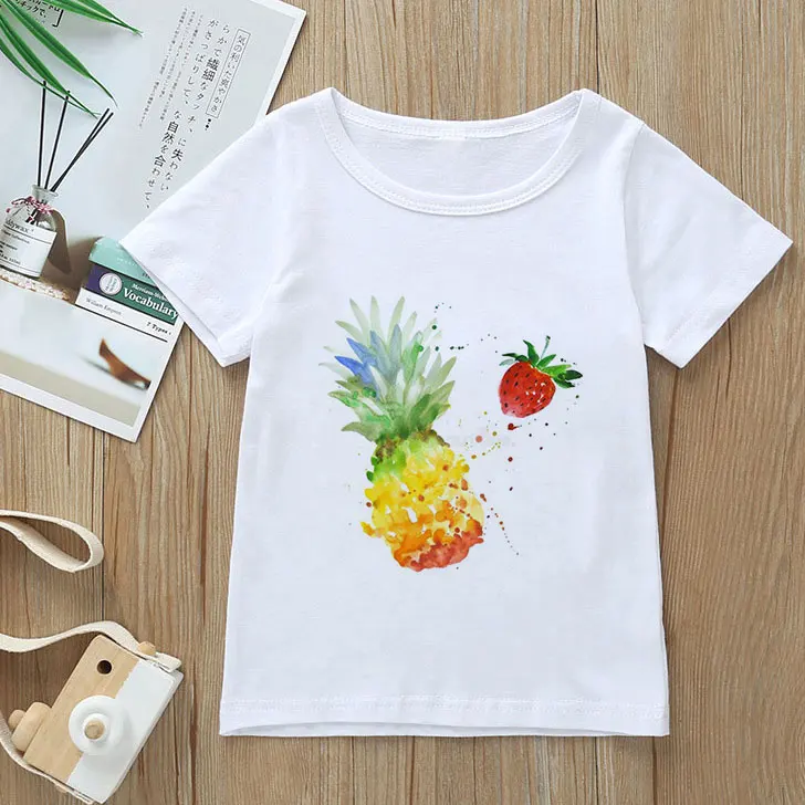 

Cute New Girls Tshirt Pineapple Strawberry Painted Pattern T Shirt Girl Boys T Shirts Cartoon Baby Boy Clothes Kids Short Sleeve