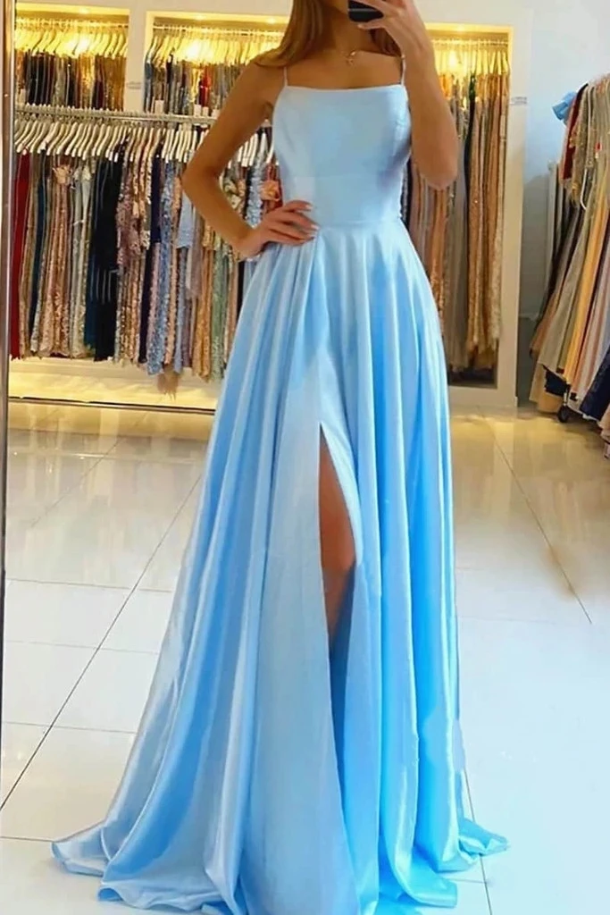 

2021 satin Dresses Evening Dress prom party Robe De Soiree Longue Formal Dress simple Spaghetti sexy slit