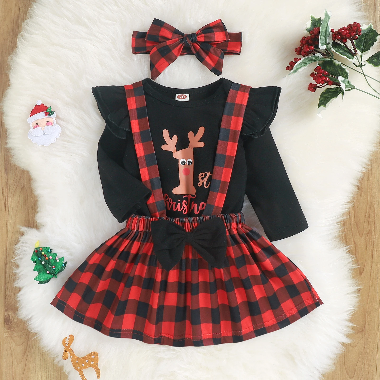 

Christmas Baby Girl’s Three Piece Suit Elk Long Sleeve Romper and Plaid Suspender Skirt Headband Xmas New Year 2022 Clothing