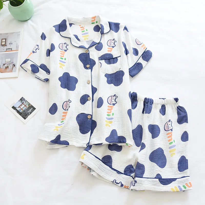 Korean Summer Women Pajamas Pure Cotton Gauze Soft Pajamas Set Cartoon Comfortable Short Sleeve Cardigan Women's Home Wear Thin