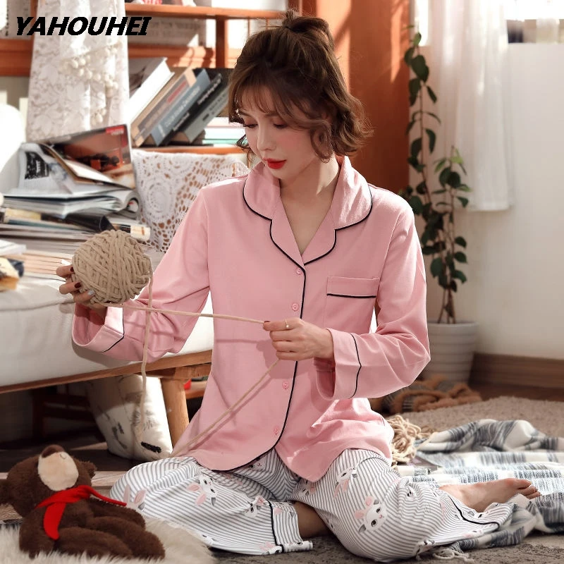 2019 пижамный комплект Женский Полосатый Мягкий Хлопок с героями мультфильмов