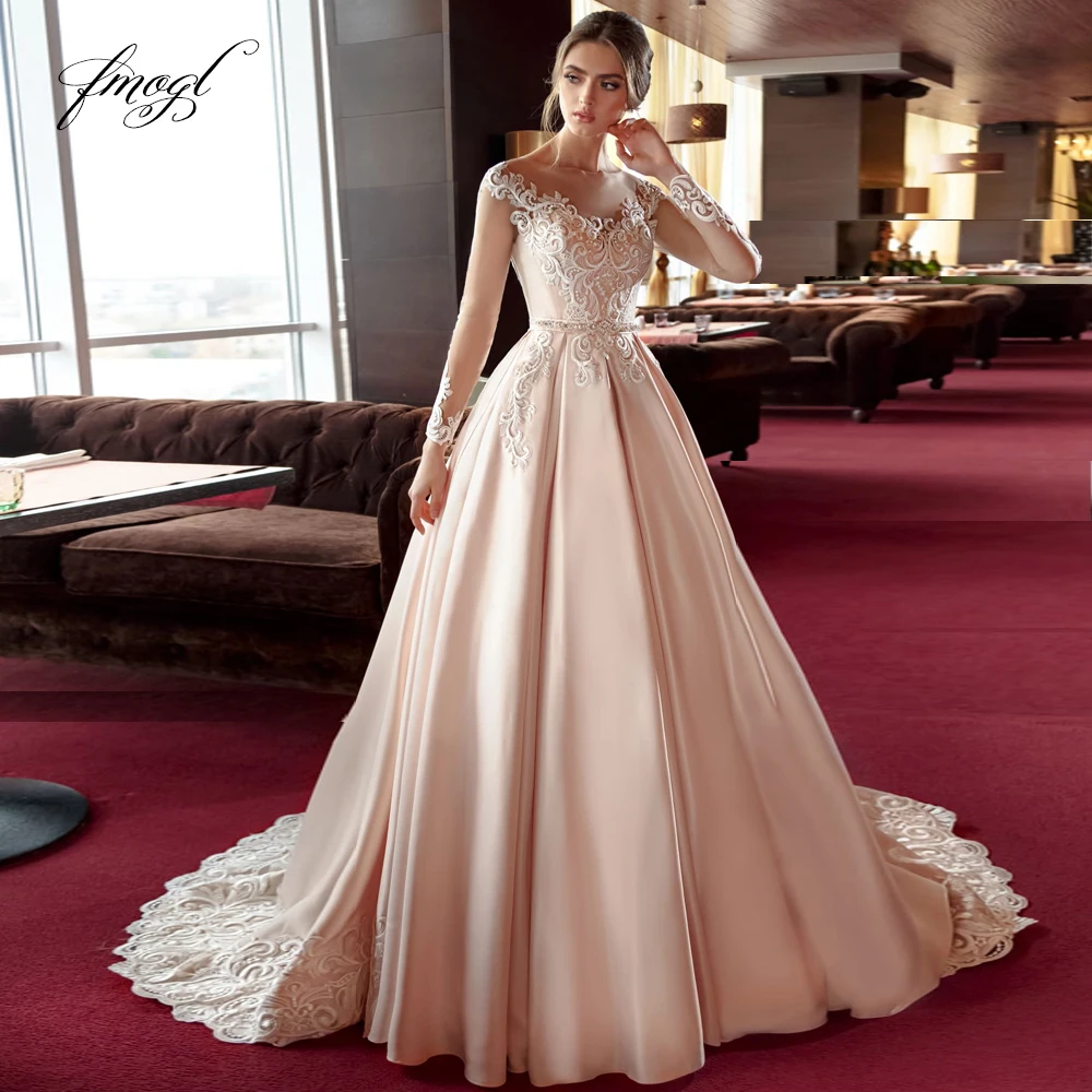 

Fmogl Sexy Illusion Long Sleeve Lace A Line Wedding Dresses 2022 Luxury Appliques Sashes Button Court Train Vintage Bridal Gowns