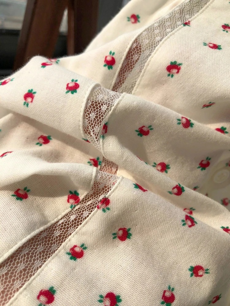 

Women Shirts Lace 100% Cotton New 2020 Autumn Long Sleeve Strawberry Printing Sweet Blouse