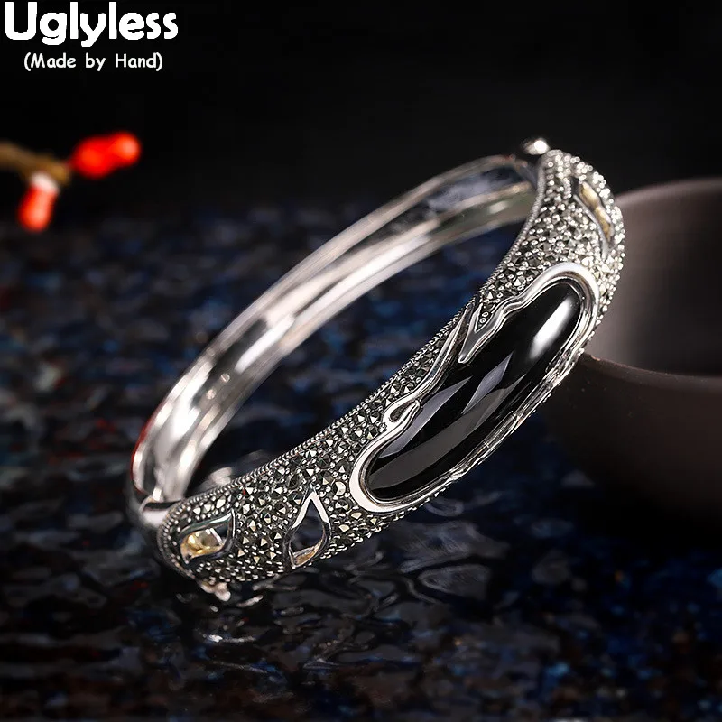 

Uglyless 14MM Wide Opening Bangles for Women Vintage Thai Silver Agate Bangles Real 925 Silver Hollow Bracelet Fine Jewelry Gems