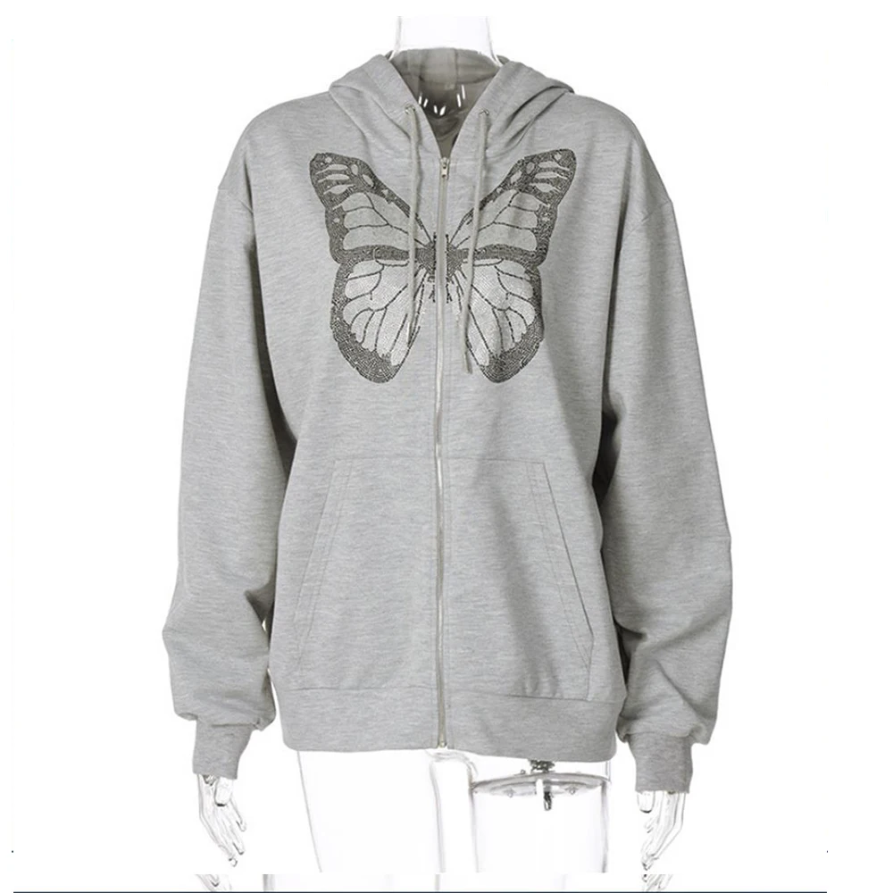 

Butterfly Bronzing Cardigan Hoodies Zipper Big Pockets Long-sleeved Drawstring Hooded Coats Autumn Women's Holiday Sweatshirt