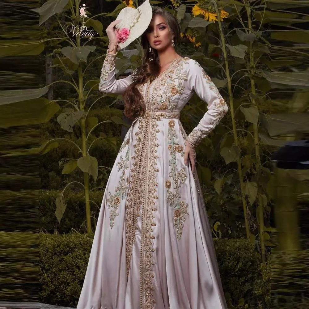 

Moroccan Kaftan Caftan Muslim Evening Dresses A-line V-neck Long Sleeves Beading Dubai Arabic Turkey Abaya Islamic Evening Gown