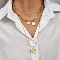women necklace handmade necklace gold color three layer chain pearl human shape necklace fashion party surprise birthday gift