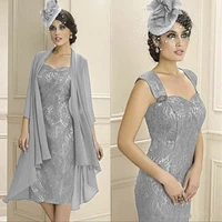 mother of the bride dresses elegant grey lace pantsuit 2 pieces beaded plus size for wedding party guest dress with jacket 2021