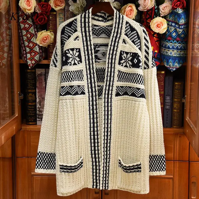 Brand Designer Vintage 2019 New Snowflake Striped Knitted Flower Long Cardigan Sweater Women Coat V-neck Sleeve Clothing |