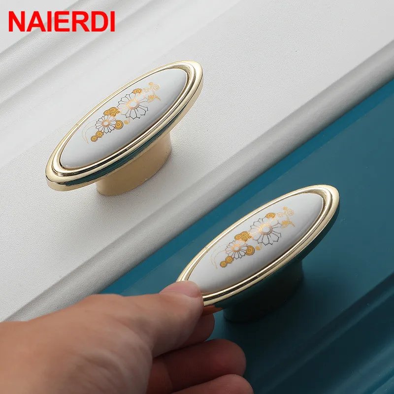 NAIERDI 10 шт. китайские керамические золотые белые ручки шкафа из цинкового сплава