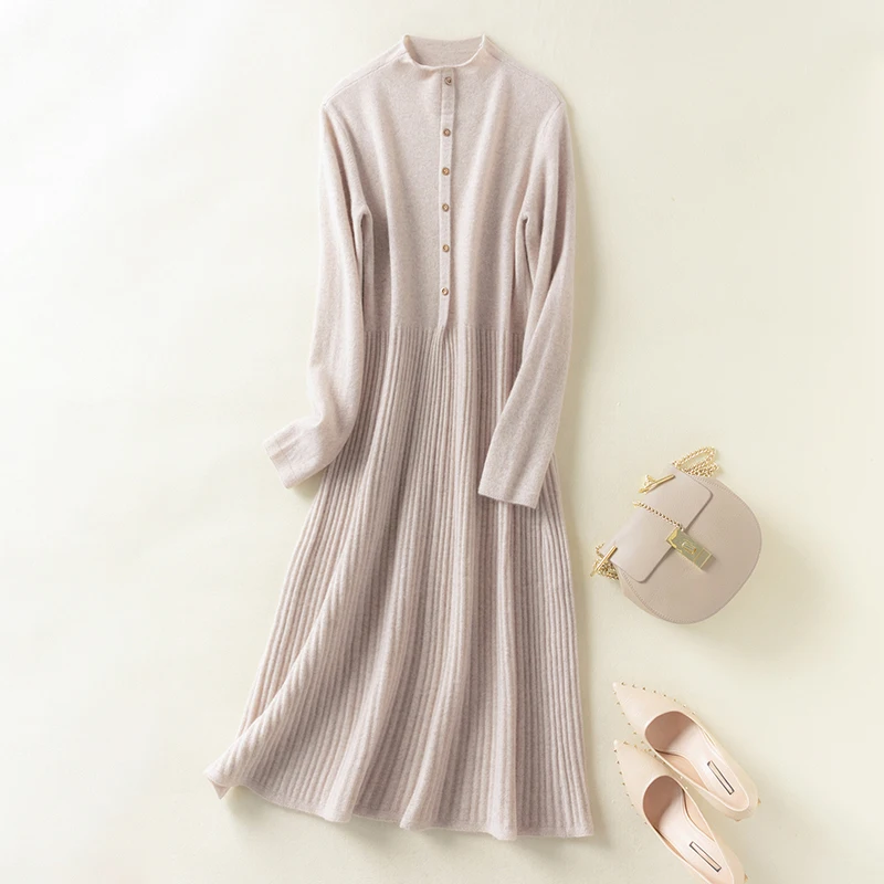 

2020 new style ladies knitted 100% wool sweater dress long solid color O-neck solid color slim fit