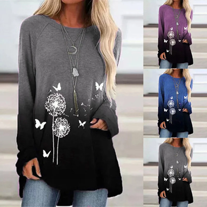 

New Autumn Women Tops Floral Dandelion Print Long-sleeved T-shirt Round Neck Loose Casual T-shirt Pullover Ladies Top