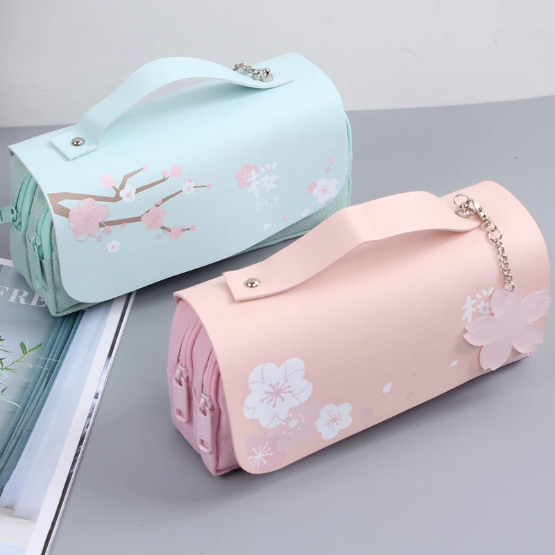 

Sakura Pencil Bag PU Leather Pen Case Kawaii Stationery Ruler Pouch for School Girl Sweet Eraser Holder Gift Box Flowers Storage