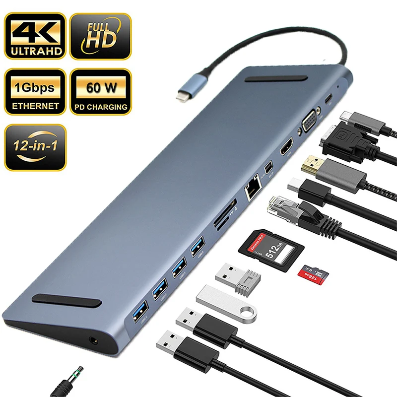 Док станция USB C HUB 12 в 1 устройство для считывания карт памяти SD/TF Type c на HDMI RJ45 PD