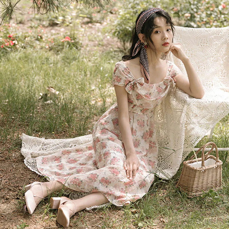 2021 Summer New Vintage Women Fairy Dress French Strap Floral Printed Hollow Out Romantic Vestidos Elegant Florals Chiffon | Женская