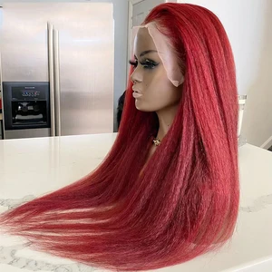 99J Red Yaki Straight Lace Front Wigs Synthetic Burgundy wine Red Long Kinky Straight Wig Heat Resistant Fiber Hair PrePlucked