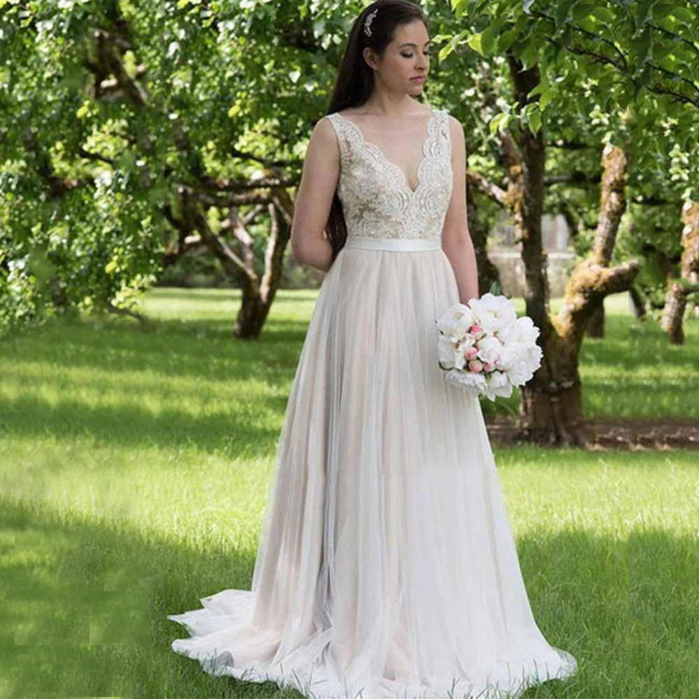 

Очаровательные свадебные платья цвета шампанского с V-образным вырезом, тюлевые кружевные с поясом, с открытой спиной, со шлейфом, ТРАПЕЦИЕВ...