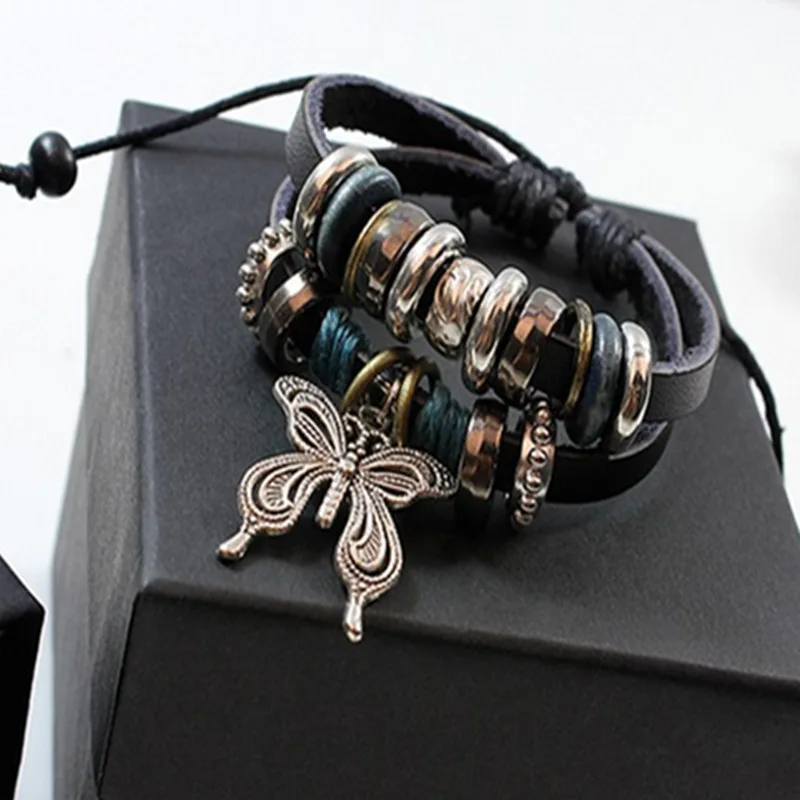 Женские кожаные браслеты в стиле панк рок с подвеской бабочкой бусинами и