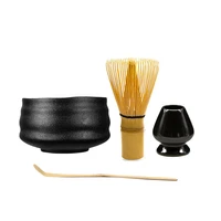 elegent crude matte black ceramic chawan kiln glazed handmade japanese matcha bowl bamboo whisk holder scoop gift kit