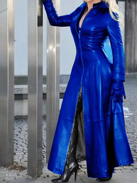 Pu Stand Collar Leather Dress Motorcycle Punk Long Sleeve Waist Stand Collar Zipper Front Split Woman Long Dress Autumn Winter