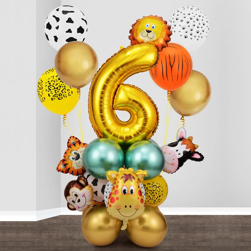 26pcs Jungle Animal Balloons Set Chrome Metallic Latex Balloon 32inch Gold Number Kids Birthday Party Baby Shower Boy Decor