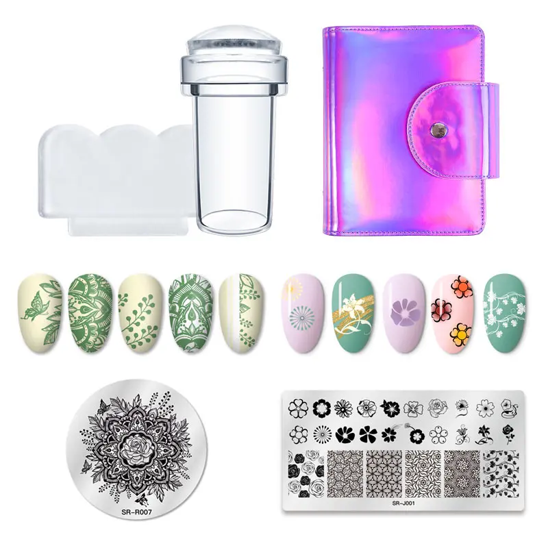 Четыре лилии ногтей штамповки пластины цветы листья дизайн геометрический