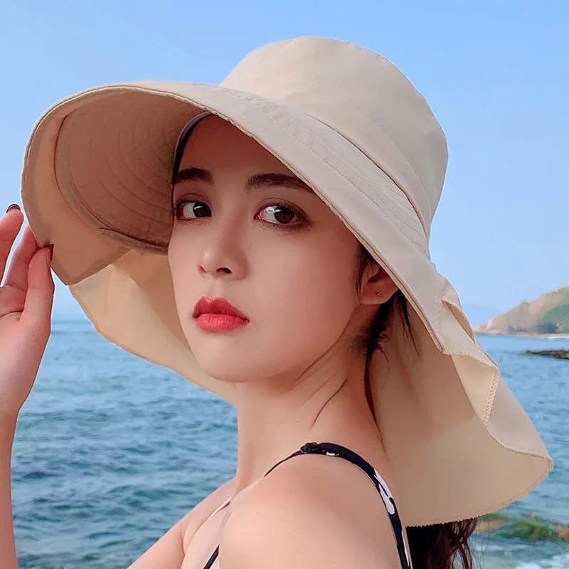 

New Summer Beach Sun Hat For Women Girls Small head circumference Ponytail Wide Brim Anti-UV Drawstring Hat Foldable Bucket Cap