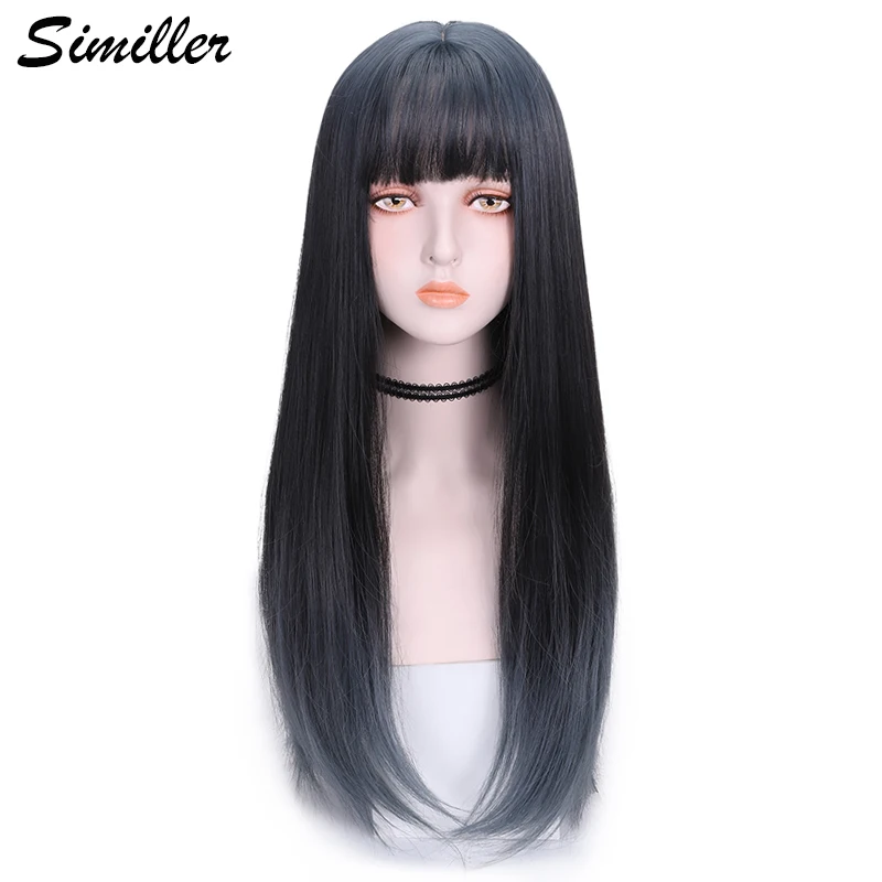 

Similler Women Long Synthetic Wigs Straight Hair Heat Resistance Fiber Ombre Blue Wigs with Bangs for Daily Use