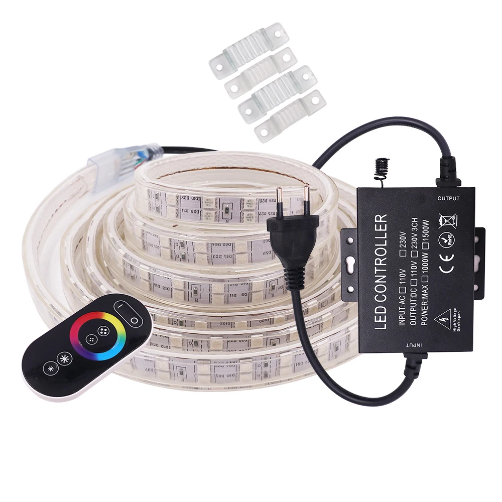 Светодиодная лента RGB 220 В 5050 с пультом дистанционного управления и сенсорным экраном, 60/120 светодиодов на метр, водонепроницаемая, яркая, для домашнего декора.