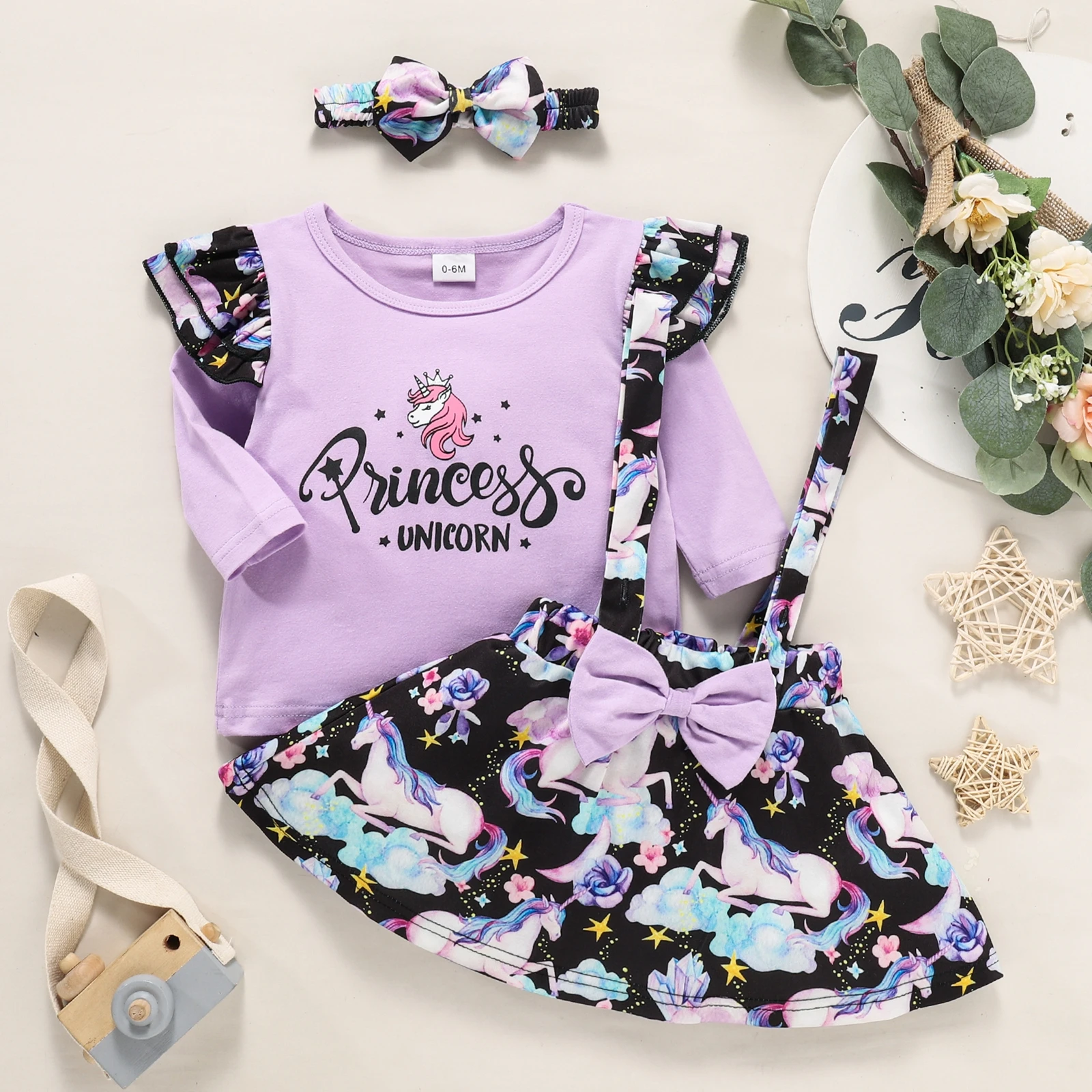 

2021 Baby Long Sleeves + Suspender Skirt + Bow Headband, Flower Pattern Letter Printing Spring Clothing