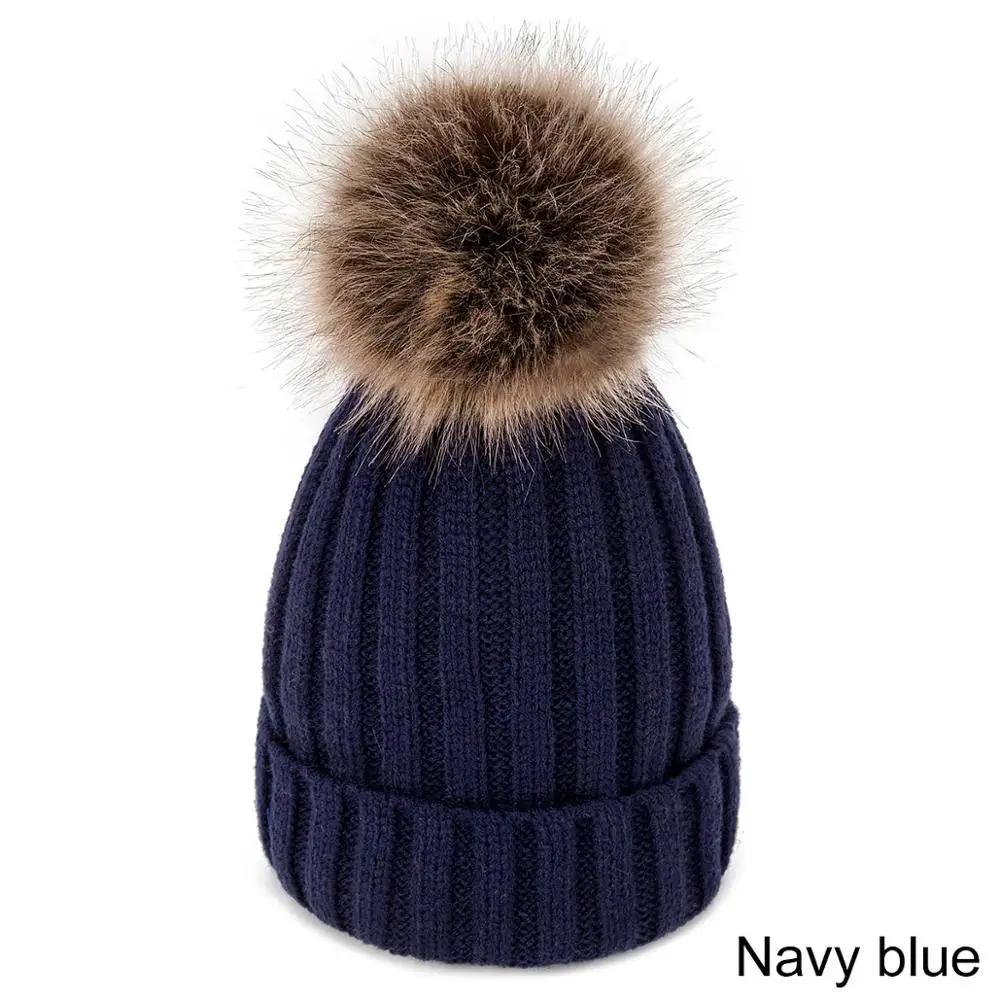 navy blue Зимняя женская шапка теплая Кепка с помпонами толстые женские шапки для женщин вязанные шапки-бобы женские Skullies Beanies czapka zimowa - Цвет: navy blue